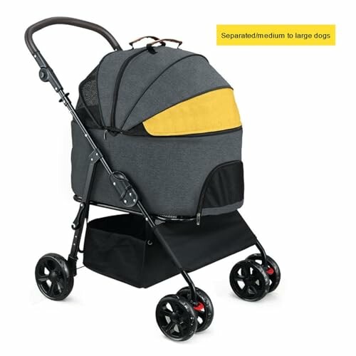 Gray and yellow dog stroller for medium to large dogs.