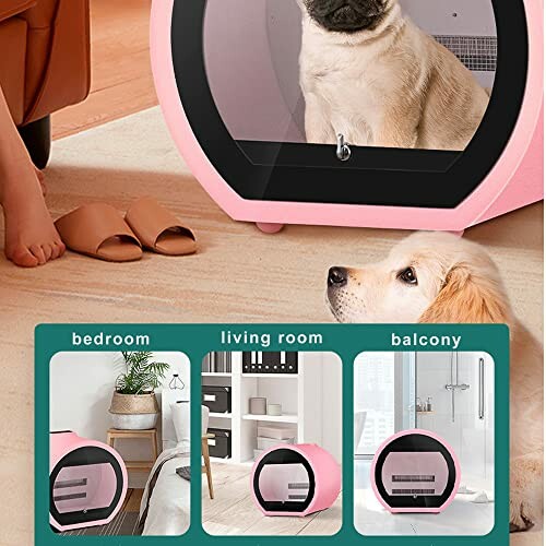 Pet furniture for different rooms, featuring a dog and a cat in a stylish pink enclosure.