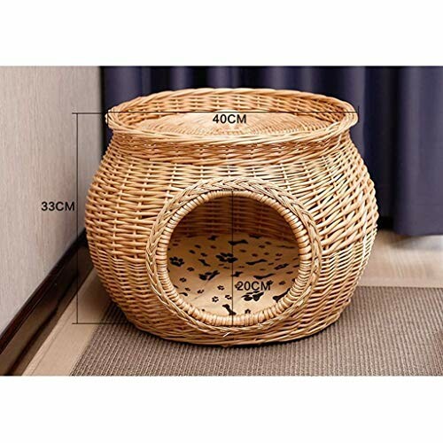 Wicker pet house with dimensions 40cm wide and 33cm tall.